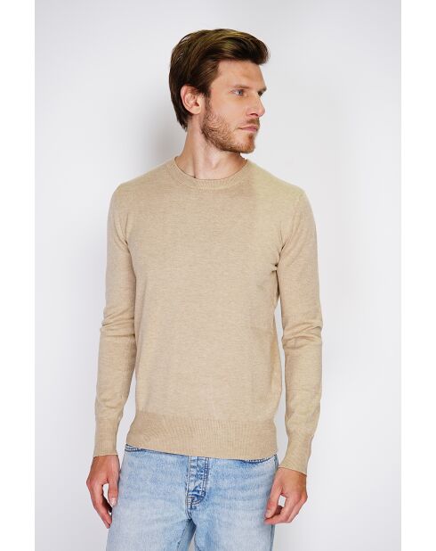 Pull en Cachemire mélangé col ras de cou tricotage en 3 fils camel