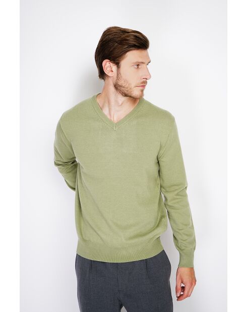 Pull en Cachemire & Soie col V 2 fils vert amande