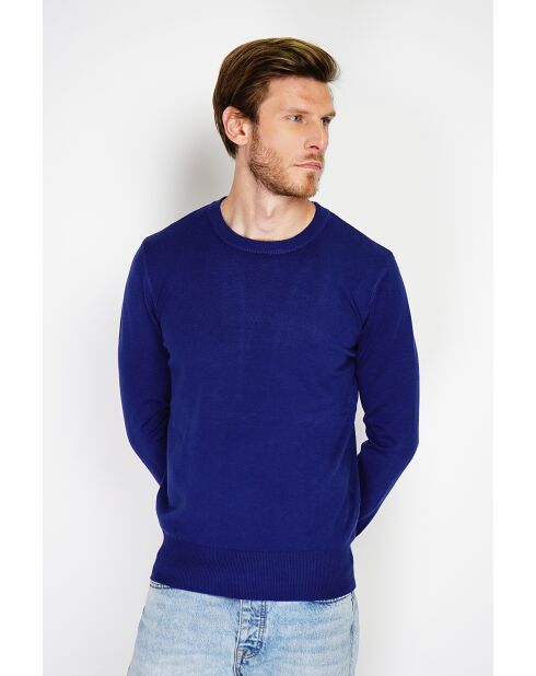 Pull en Cachemire mélangé col ras de cou tricotage en 3 fils bleu nuit