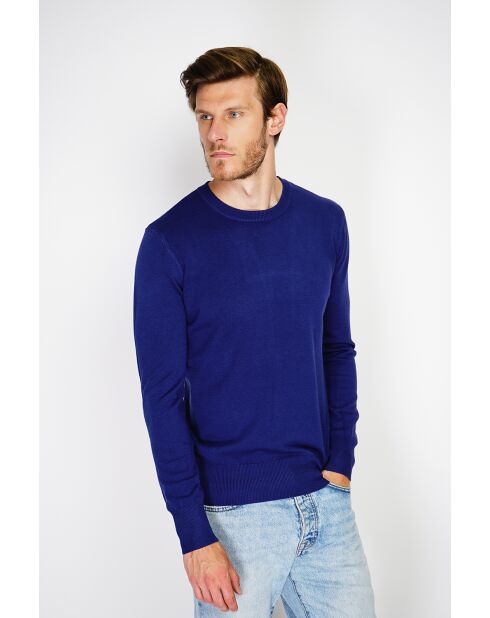 Pull en Cachemire mélangé col ras de cou tricotage en 3 fils bleu nuit