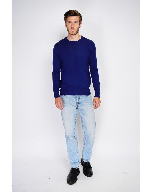 Pull en Cachemire mélangé col ras de cou tricotage en 3 fils bleu nuit
