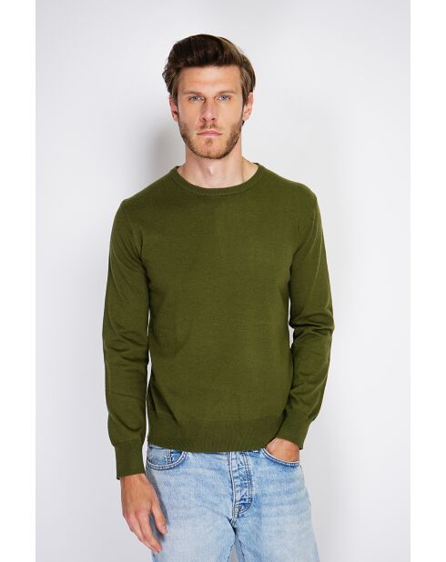 Pull en Cachemire & Soie mélangés col ras de cou 2 fils kaki