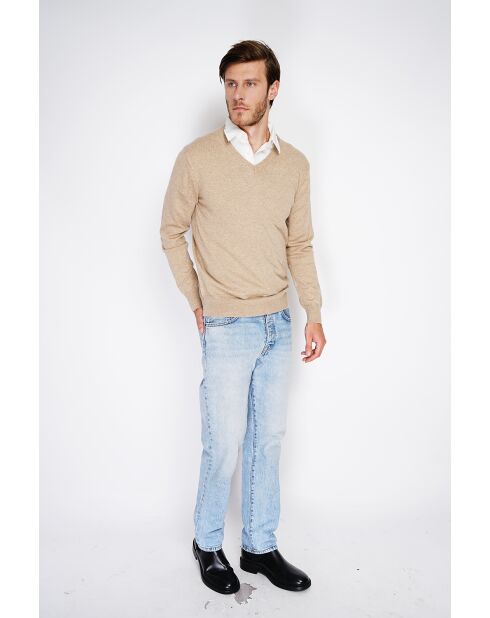 Pull en Cachemire & Soie col V 2 fils camel