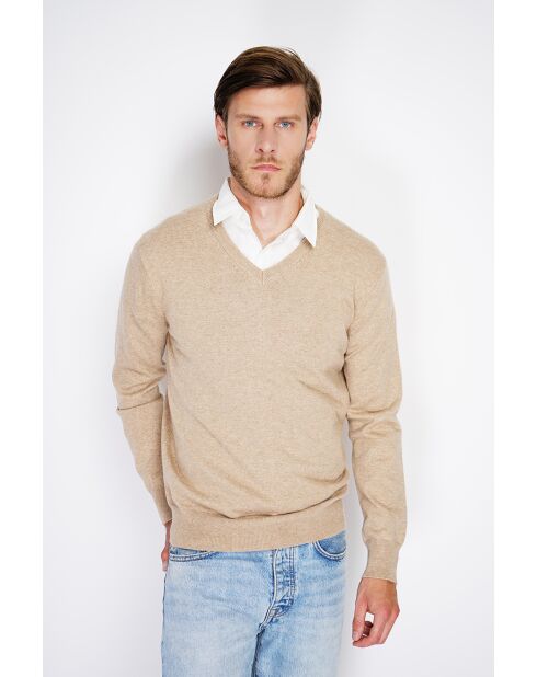 Pull en Cachemire & Soie col V 2 fils camel