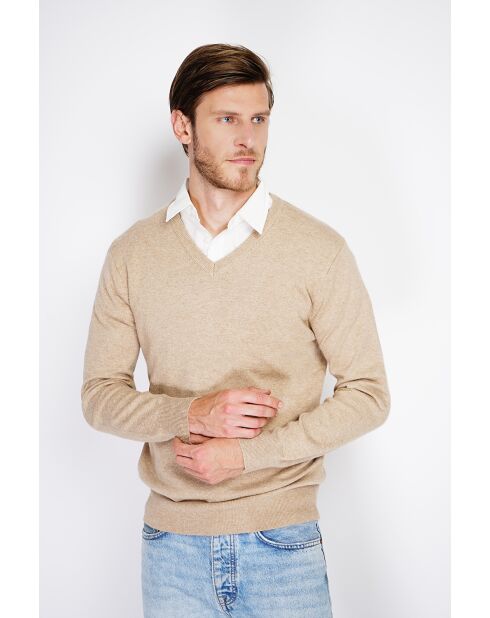 Pull en Cachemire & Soie col V 2 fils camel