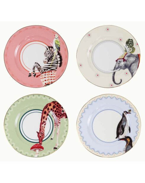 4 Assiettes en Porcelaine Carnival rose/bleu/vert - D.16 cm