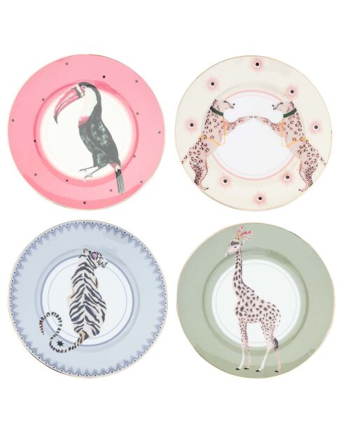 4 Assiettes en Porcelaine Safari Carnival rose/bleu/vert - D.16 cm