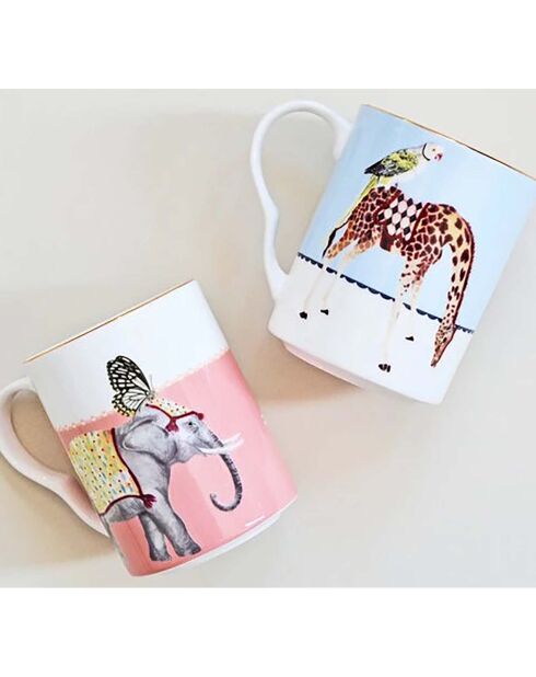2 Mugs en Porcelaine Eléphant et Girafe Carnival bleu/rose - 11.5x10 cm