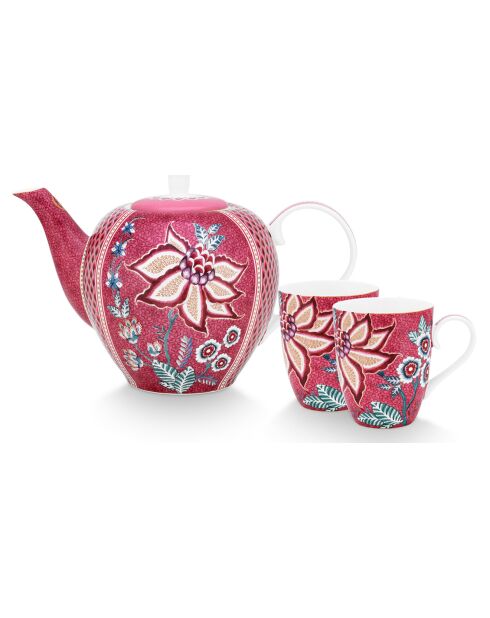 Service à thé 2 Grands Mugs & Théière en Porcelaine Flower Festival rose - 24x18.5x25.5 cm