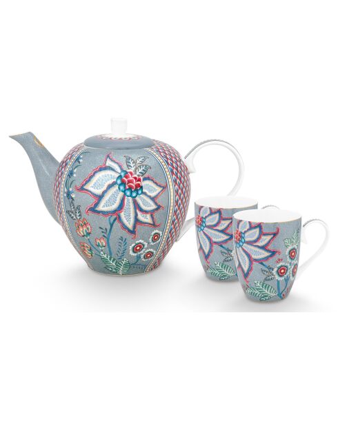 Service à thé 2 Grands Mugs & Théière en Porcelaine Flower Festival bleu -  24x18.5x25.5 cm