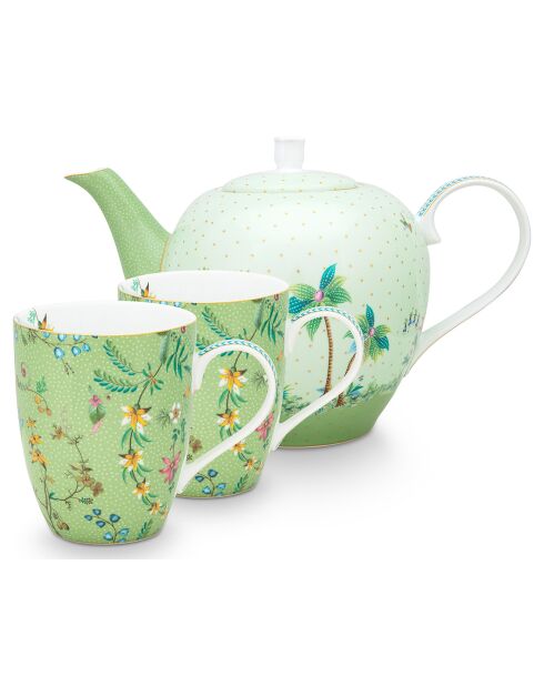 Tee-Set, 2 große Tassen und Teekanne, Porzellan mit hübschen grünen Blumen, 24 x 18,5 x 25,5 cm
