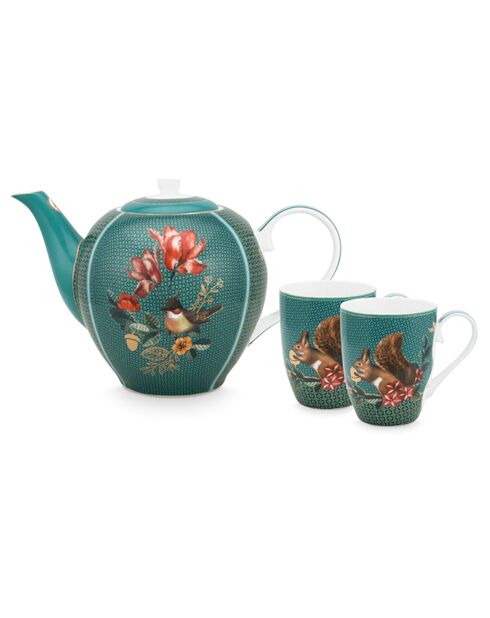 Service à thé 2 Grands Mugs & Théière en Porcelaine vert 24x18.5x25.5 cm