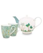 Service à thé 2 Grands Mugs & Théière en Porcelaine fleurs Jolie blanc - 24x18.5x25.5 cm
