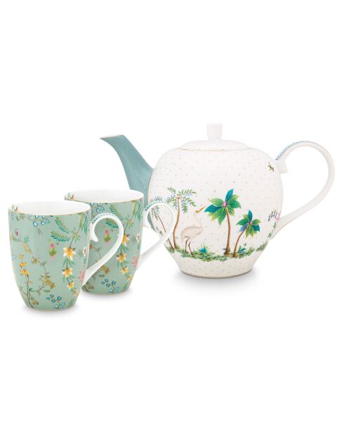 Service à thé 2 Grands Mugs & Théière en Porcelaine fleurs Jolie blanc - 24x18.5x25.5 cm