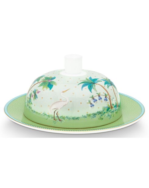 Mooie ronde porseleinen botervloot met groene stippen - D.17 cm