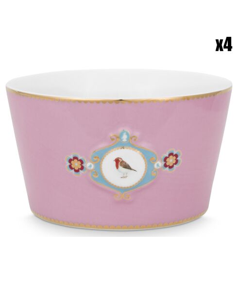 4 roze Love Birds medaillon porseleinen schalen - D.15 cm