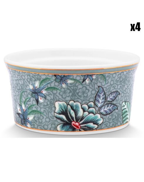 Runde Porzellan-Auflaufförmchen, Durchmesser 9 cm, Blau, Blumenfest, 4 Stück