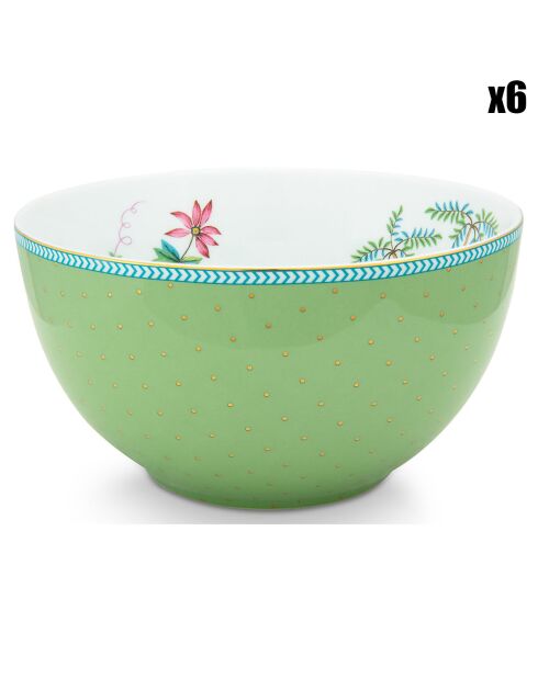 6 mooie porseleinen schalen met groene stippen - D.15 cm