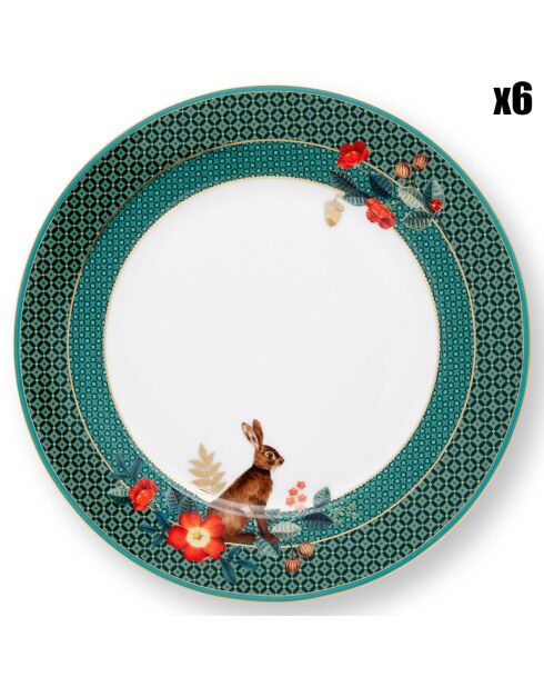 6 Assiettes en Porcelaine dessert Winter Wonderland Lapin vertes - D.21 cm