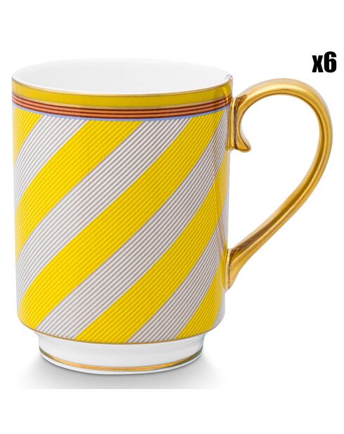 6 grote porseleinen mokken met gele strepen van Pip Chique -8x10,3x11,6 cm