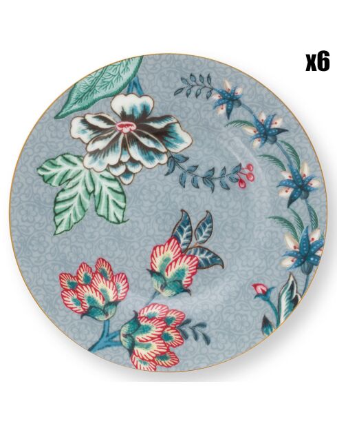 6 Assiettes en Porcelaine Petit four Flower Festival bleues - D.12 cm
