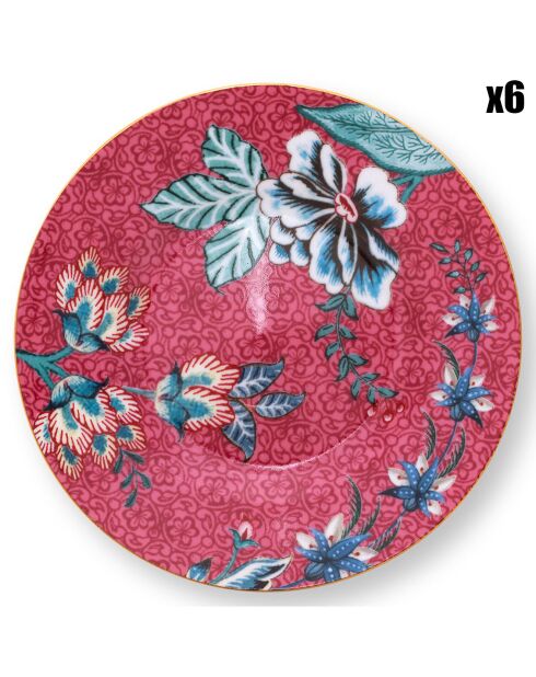 6 Assiettes en Porcelaine Petit four Flower Festival roses - D.12 cm