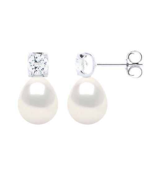 Boucles d'Oreilles Solitaire en Argent Zirconium Perles de culture d'eau douce blanches