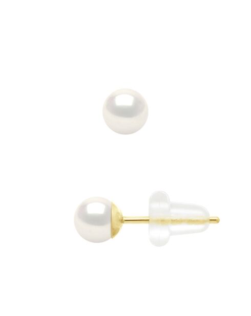 Boucles d'Oreilles en Or Jaune & Perles de Culture d'Eau Douce Rondes blanches 4-5 mm