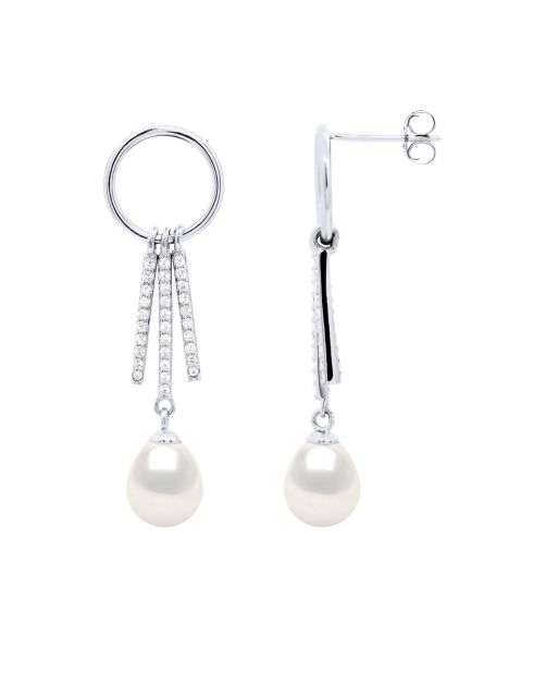Boucles d'Oreilles en Argent Rond et Barettes Zirconium Perle de Culture d'Eau Douce Poire blanches