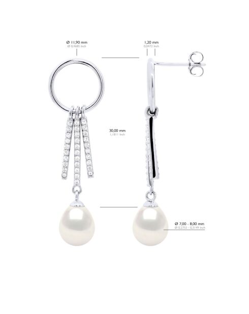 Boucles d'Oreilles en Argent Rond et Barettes Zirconium Perle de Culture d'Eau Douce Poire blanches