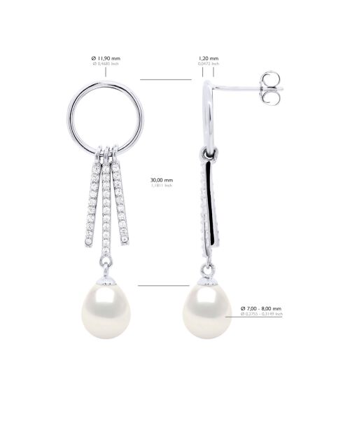 Boucles d'Oreilles Rond et Barrettes en Argent & Perle de Culture d'Eau Douce Poires blanches 7-8 mm