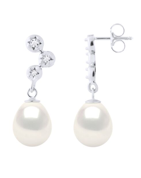 Boucles d'Oreilles Prestige Or Blanc, Diamants & Perles de Culture d'Eau Douce Poires blanches