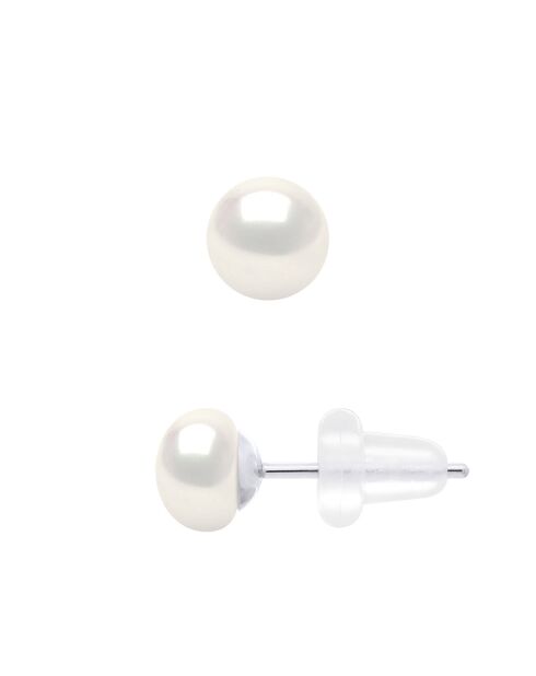 Boucles d'Oreilles en Or Blanc & Perles de Culture d'Eau Douce Boutons blanches 5-6 mm