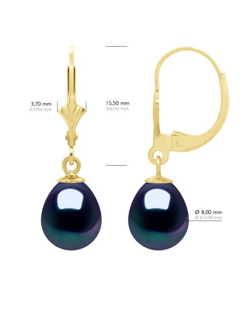 Boucles d'Oreilles en Or Jaune et Perles de Culture d'Eau Douce noires 8-9 mm