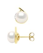 Boucles d'Oreilles Entourage Or Jaune, Diamants & Perles de Culture d'Eau Douce Boutons blanches 7-8 mm