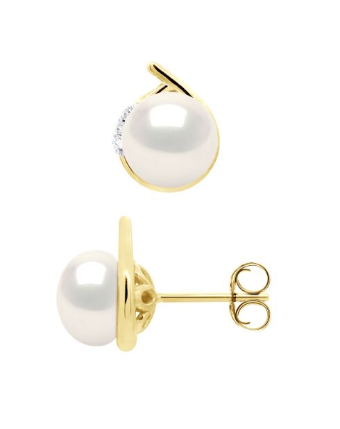 Boucles d'Oreilles Entourage Or Jaune, Diamants & Perles de Culture d'Eau Douce Boutons blanches 7-8 mm