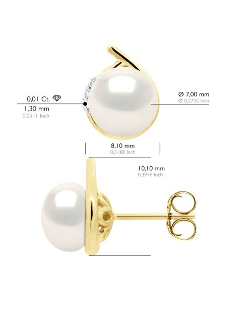 Boucles d'Oreilles Entourage Or Jaune, Diamants & Perles de Culture d'Eau Douce Boutons blanches 7-8 mm