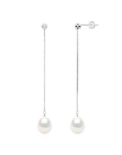 Boucles d'Oreilles Prestige Or Blanc, Diamants 0,02 Cts & Perles de Culture d'Eau Douce Poires blanches