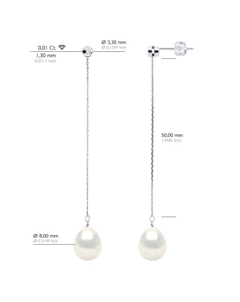 Boucles d'Oreilles Prestige Or Blanc, Diamants 0,02 Cts & Perles de Culture d'Eau Douce Poires blanches