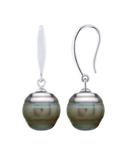 Boucles d'Oreilles en Argent & Perles de Culture de Tahiti Cerclées peacock 10-11 mm
