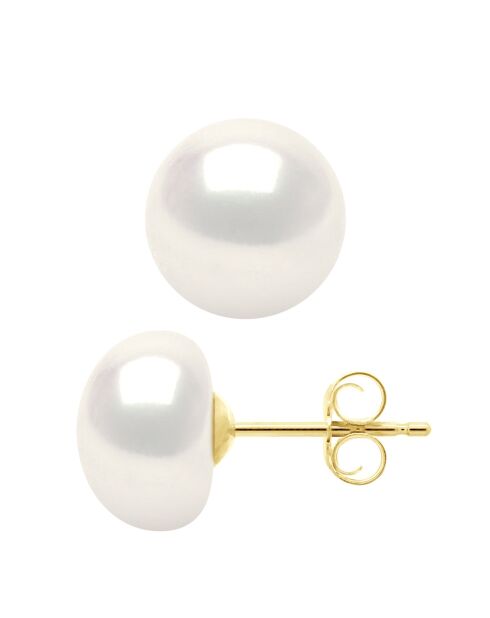Boucles d'Oreilles Or Jaune & Perles de Culture d'Eau Douce Boutons blanches 9-10 mm