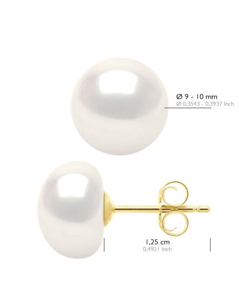 Boucles d'Oreilles Or Jaune & Perles de Culture d'Eau Douce Boutons blanches 9-10 mm