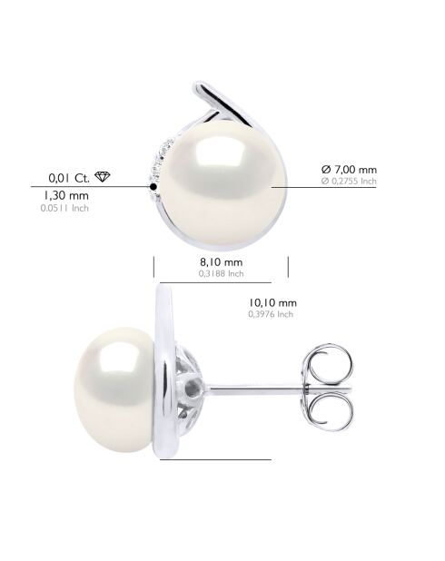 Boucles d'Oreilles Entourage Or Blanc, Diamants & Perles de Culture d'Eau Douce Boutons blanches 7-8 mm