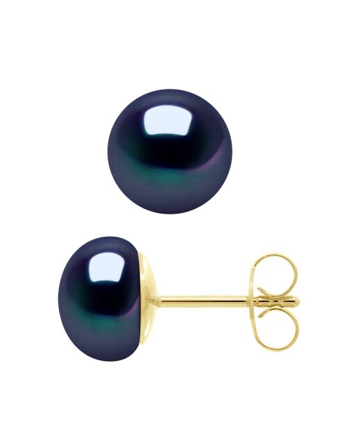 Boucles d'Oreilles Or Jaune & Perles de Culture d'Eau Douce Boutons noires 8-9 mm