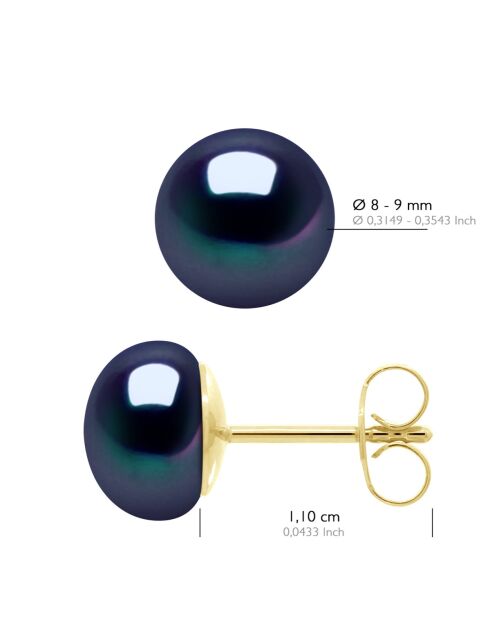 Boucles d'Oreilles Or Jaune & Perles de Culture d'Eau Douce Boutons noires 8-9 mm
