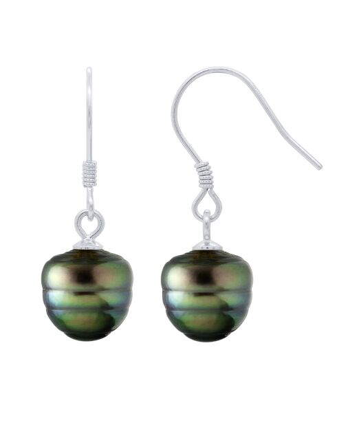 Boucles d'Oreilles en Argent & Perles de Culture de Tahiti Cerclées peacock 9-10mm