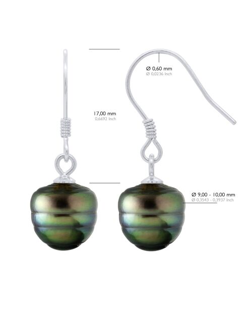 Boucles d'Oreilles en Argent & Perles de Culture de Tahiti Cerclées peacock 9-10mm