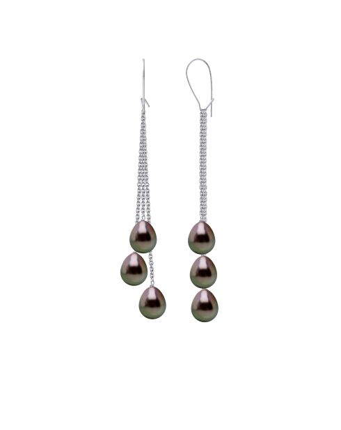 Boucles d'Oreilles 2x3 Or Blanc & Perles de Culture de Tahiti Poires peacock