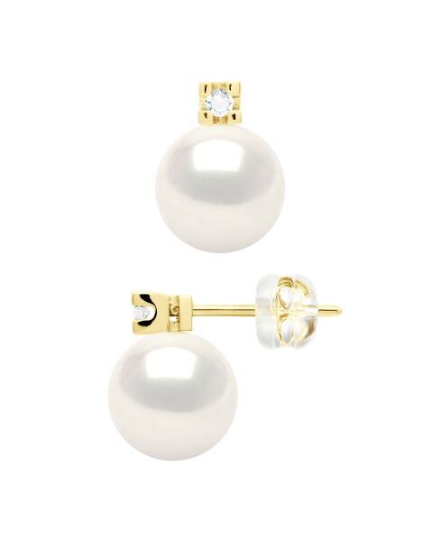 Boucles d'Oreilles Prestige Or Jaune, Diamants 0,04 Cts & Perles de Culture d'Eau Douce Rondes blanches 8-9mm