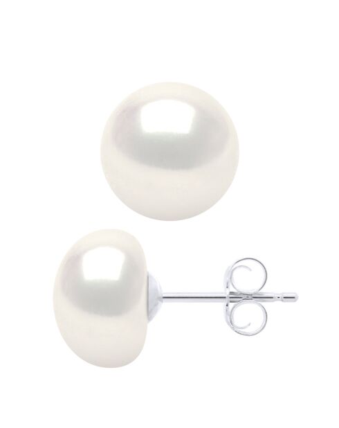 Boucles d'Oreilles Or Blanc & Perles de Culture d'Eau Douce Boutons blanches 9-10 mm